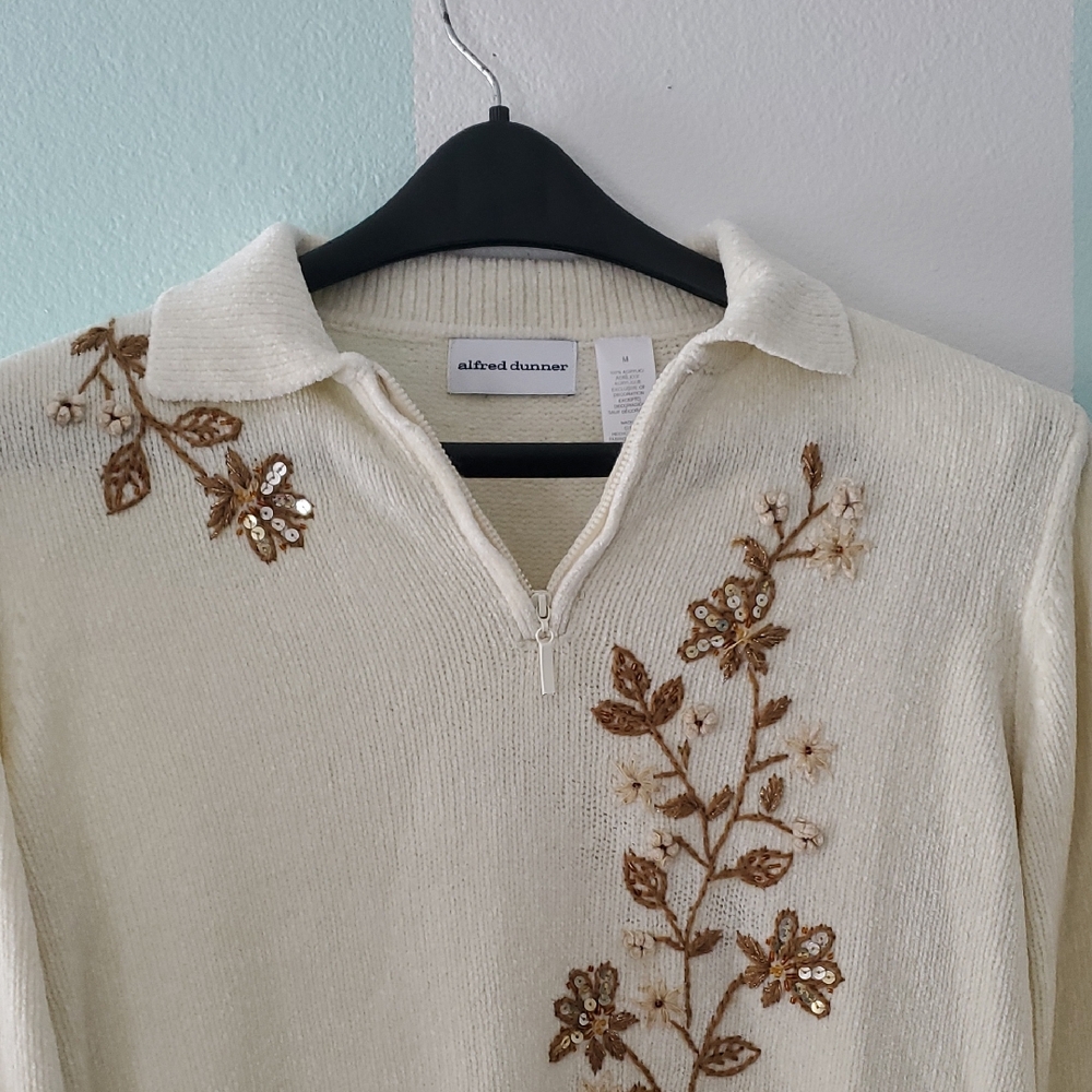 Alfred Dunner Cream Sweater with Brown Floral‎ Design